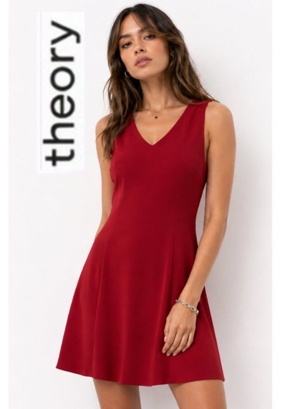 Theory Red V-Neck Mini Dress Sleeveless Zip Back Size 6